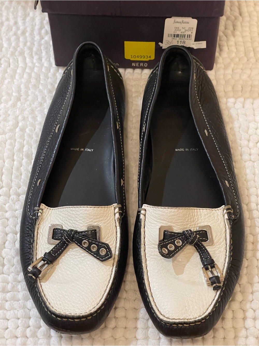 Prada Black and White Leather Bow-Accent Loafers